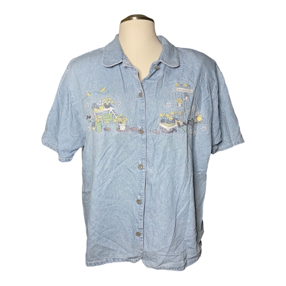 Teddi Vintage Embroidered Chambray Garden Button Down Cotton Summer Top